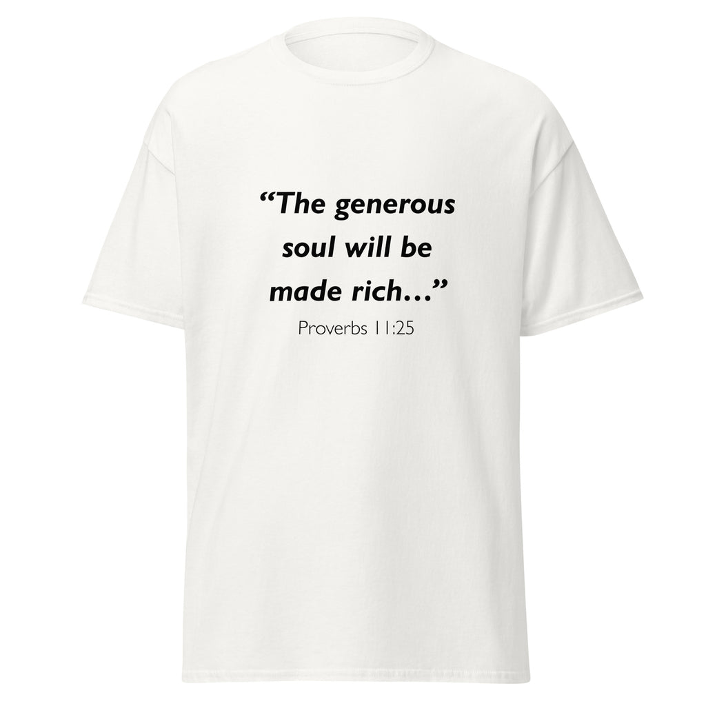 Unisex black t-shirt with Proverbs 11:25 Bible verse printed across the chest