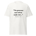 Unisex black t-shirt with Proverbs 11:25 Bible verse printed across the chest
