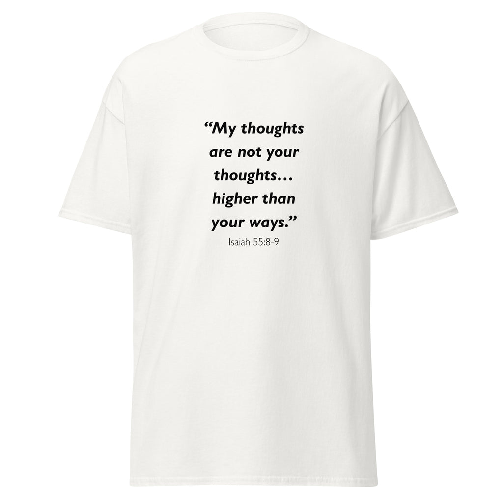 Unisex black t-shirt with Isaiah 55:8-9 Bible verse printed across the chest