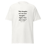 Unisex black t-shirt with Isaiah 55:8-9 Bible verse printed across the chest