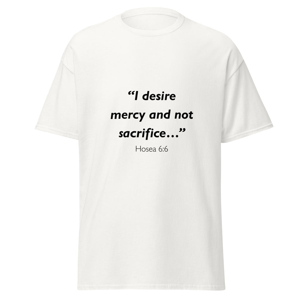 Unisex heather gray t-shirt with Hosea 6:6 Bible verse printed across the chest