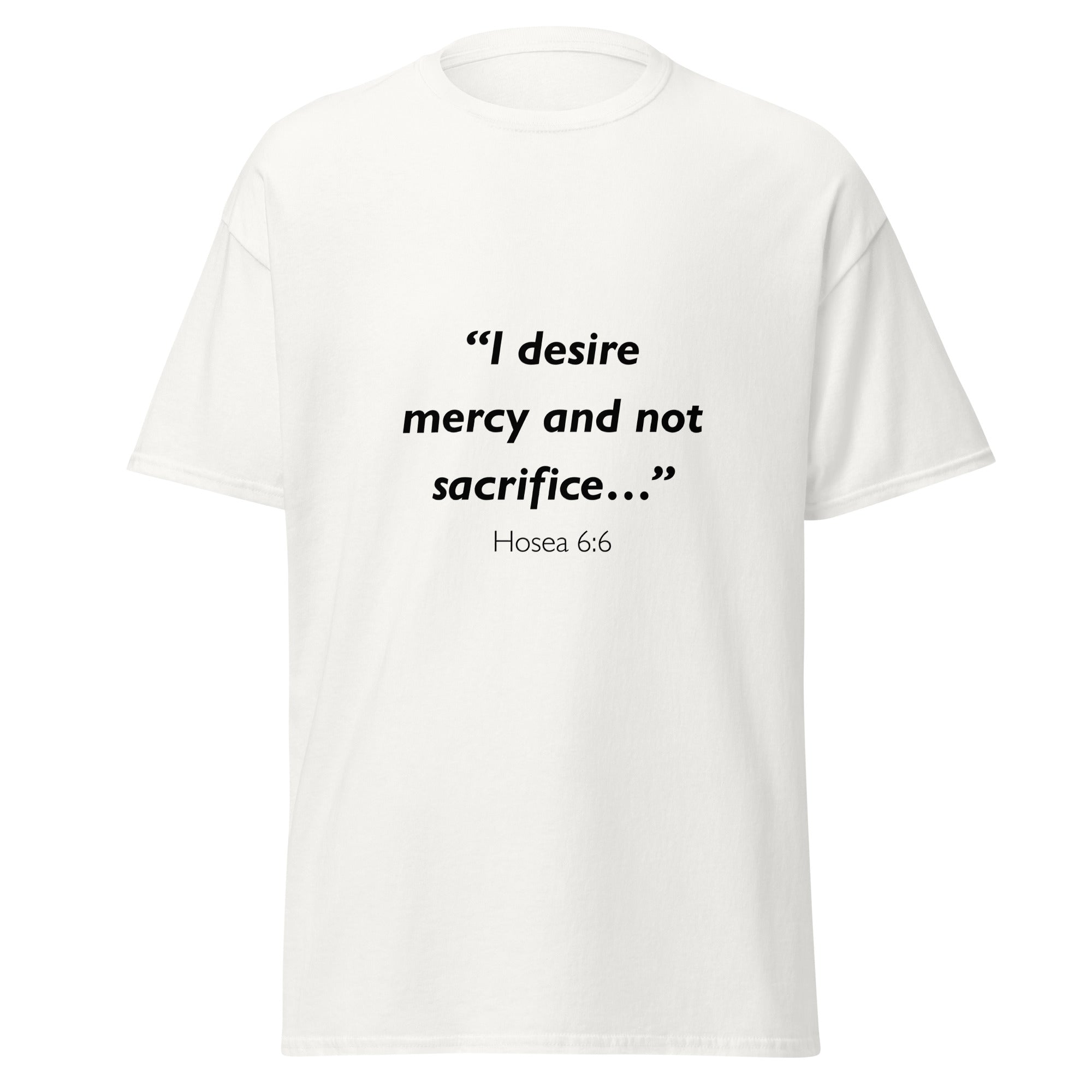 Unisex heather gray t-shirt with Hosea 6:6 Bible verse printed across the chest