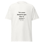 Unisex black t-shirt with Acts 20:35 Bible verse printed across the chest