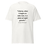 Unisex black t-shirt featuring George Washington Liberty quote typography printed across the front chest