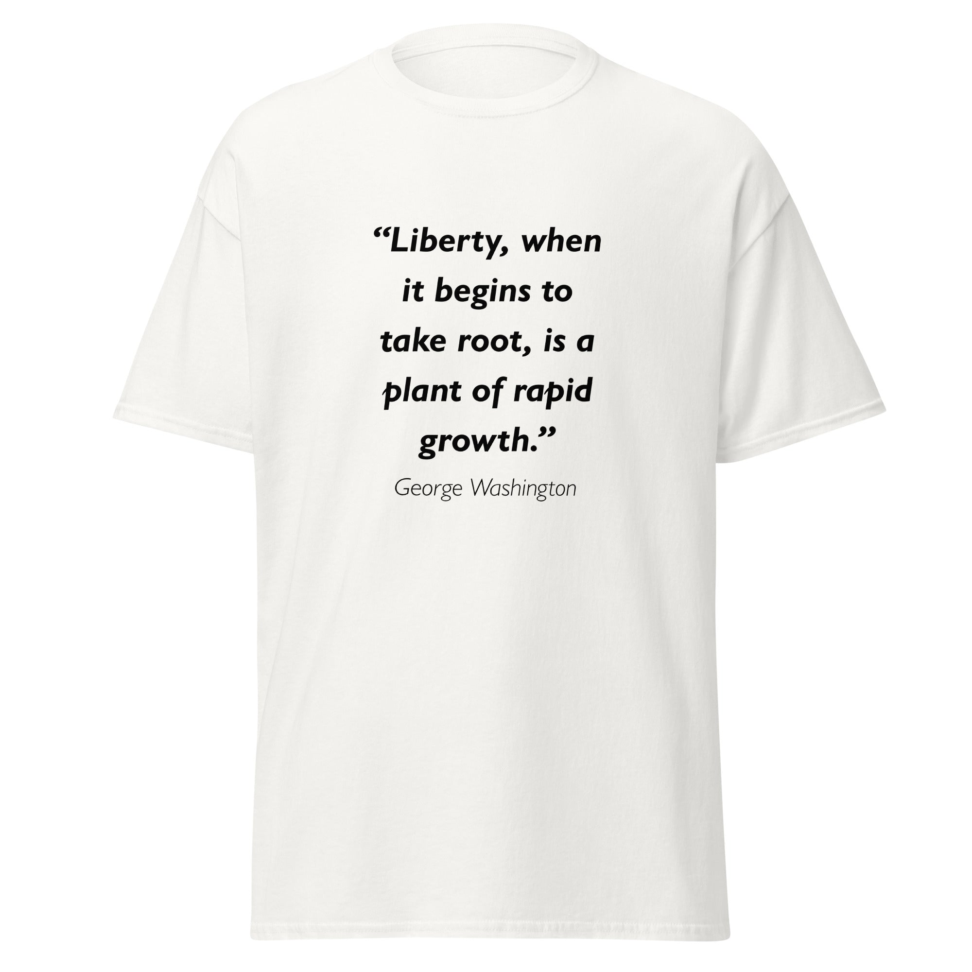 Unisex black t-shirt featuring George Washington Liberty quote typography printed across the front chest