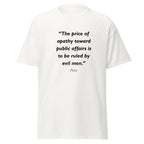 Unisex heather gray t-shirt featuring Plato Apathy quote typography printed across the front chest