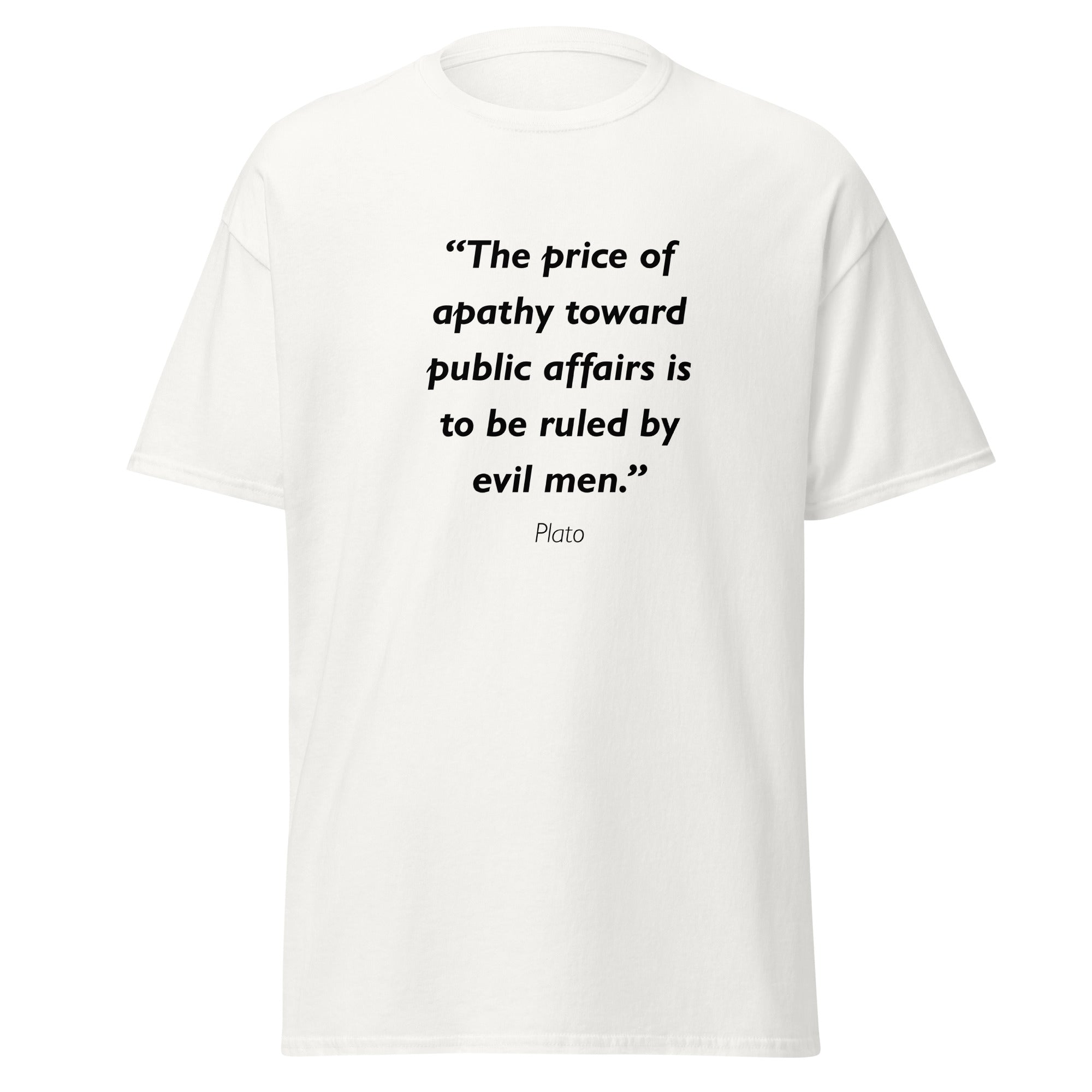 Unisex heather gray t-shirt featuring Plato Apathy quote typography printed across the front chest