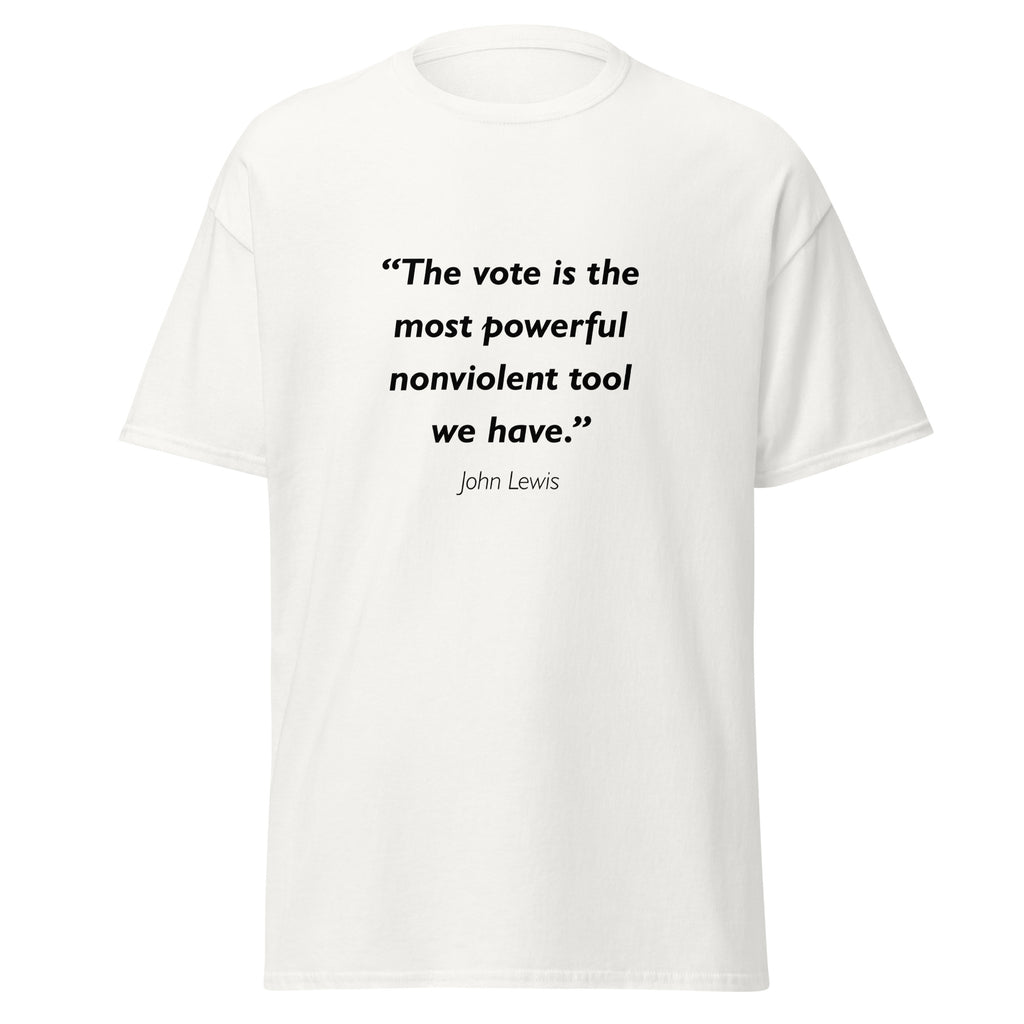 Unisex black t-shirt featuring John Lewis Vote quote typography printed across the front chest