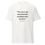 Unisex black t-shirt featuring John Lewis Vote quote typography printed across the front chest