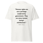 Unisex black t-shirt featuring Mother Teresa Human Rights quote typography printed across the front chest