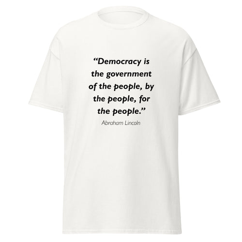 Unisex black t-shirt featuring Abraham Lincoln of the People quote typography printed across the front chest
