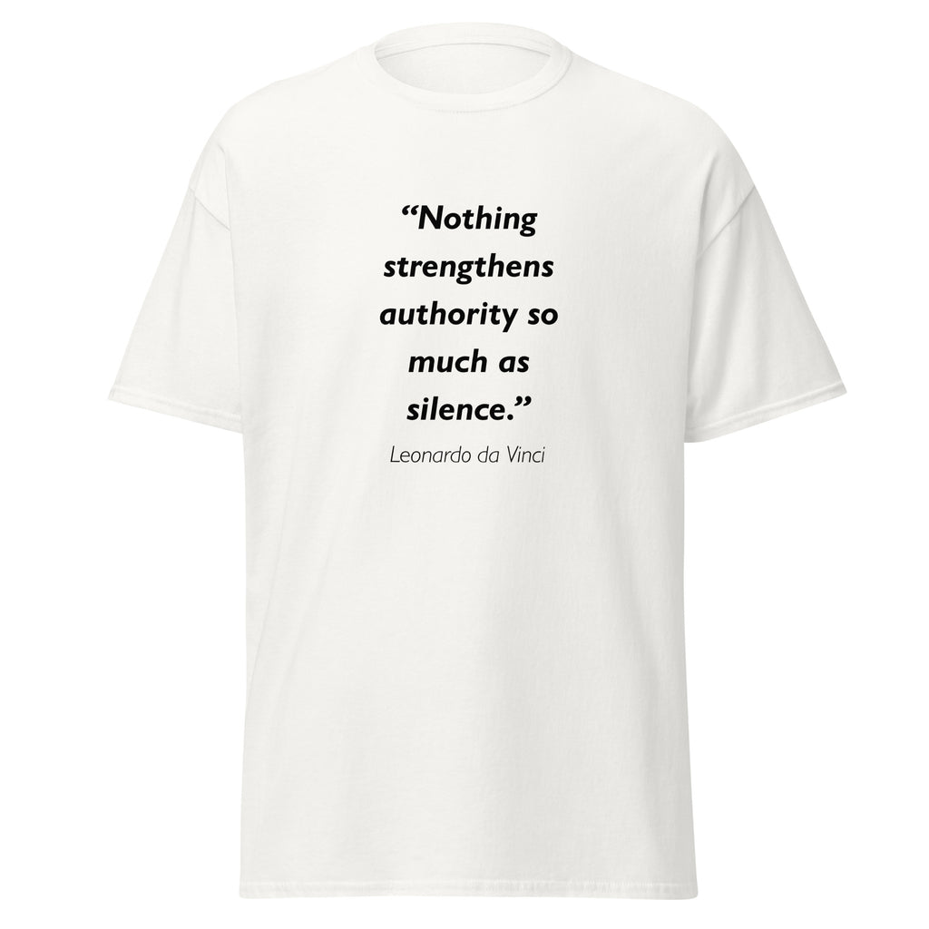 Unisex black t-shirt featuring Leonardo Da Vinci Silence quote typography printed across the front chest
