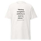 Unisex black t-shirt featuring Leonardo Da Vinci Silence quote typography printed across the front chest
