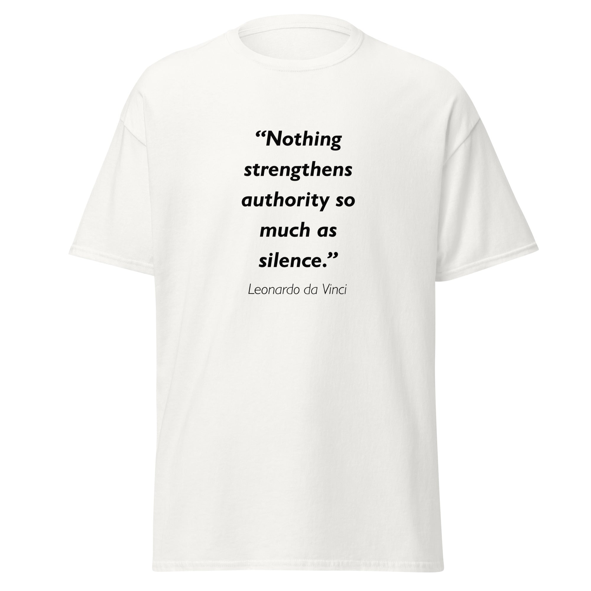 Unisex black t-shirt featuring Leonardo Da Vinci Silence quote typography printed across the front chest