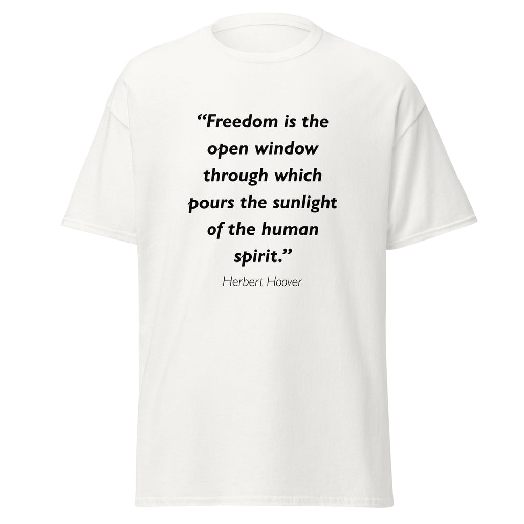 Unisex black t-shirt featuring Herbert Hoover Freedom quote typography printed across the front chest
