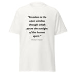 Unisex black t-shirt featuring Herbert Hoover Freedom quote typography printed across the front chest