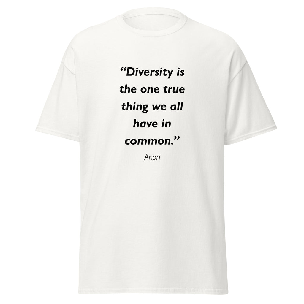 Unisex black t-shirt featuring Diversity quote typography printed across the front chest