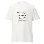 Unisex black t-shirt featuring Frances Wright Equality quote typography printed across the front chest