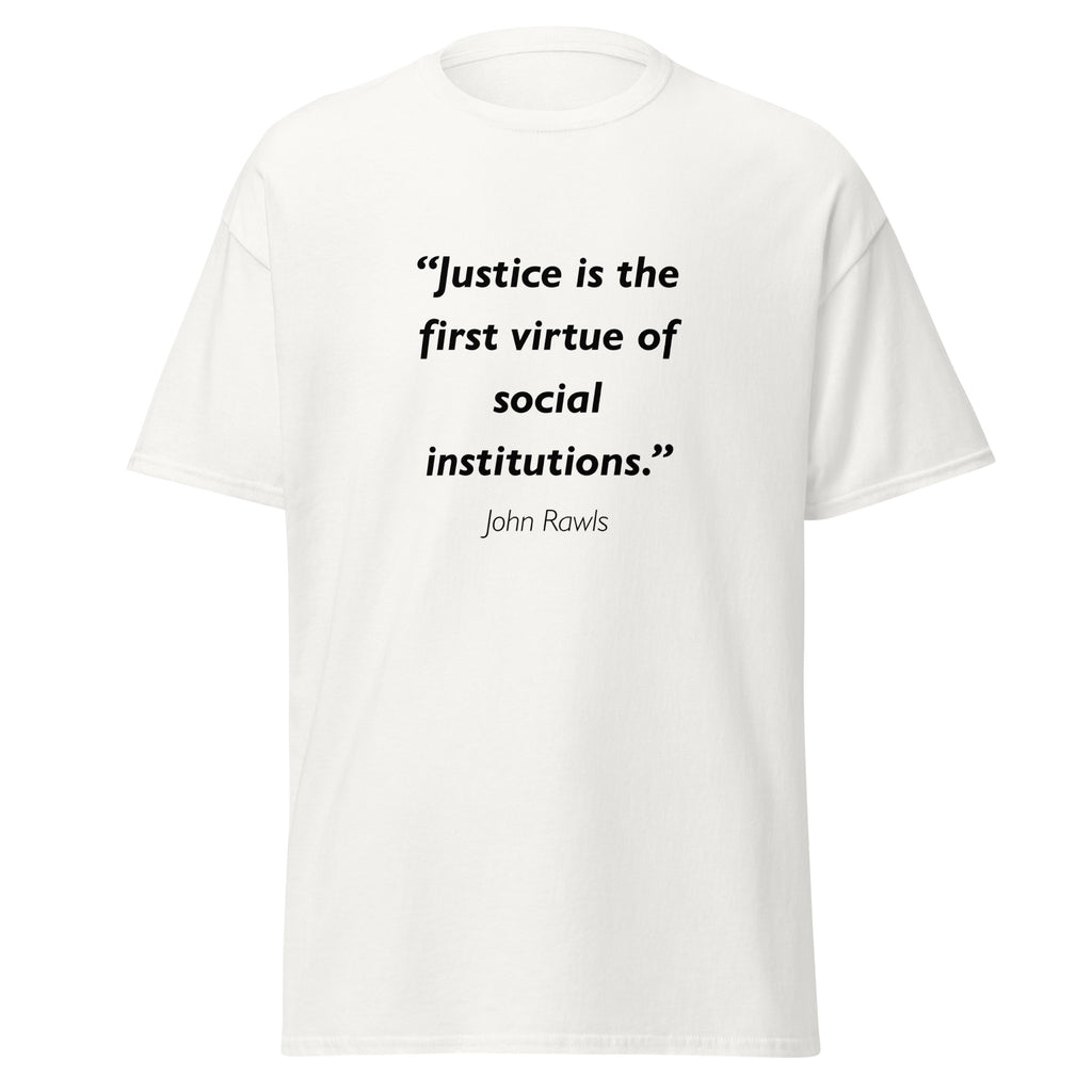 Unisex black t-shirt featuring John Rawls Justice quote typography printed across the front chest