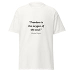 Unisex black t-shirt featuring Moshe Dayan Freedom quote typography printed across the front chest