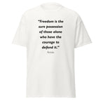 Unisex black t-shirt featuring Pericles Freedom quote typography printed across the front chest