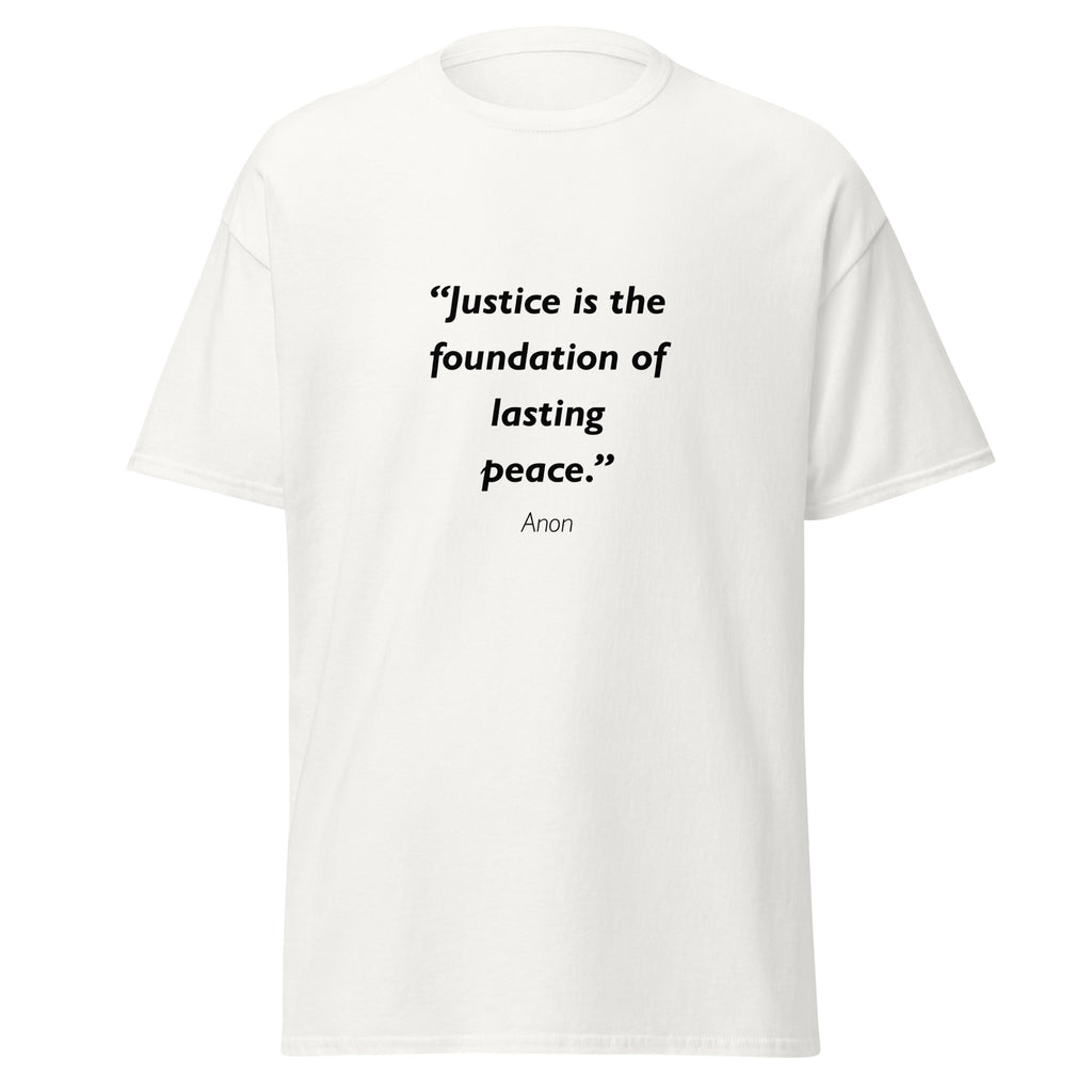 Unisex black t-shirt featuring Justice Peace quote typography printed across the front chest