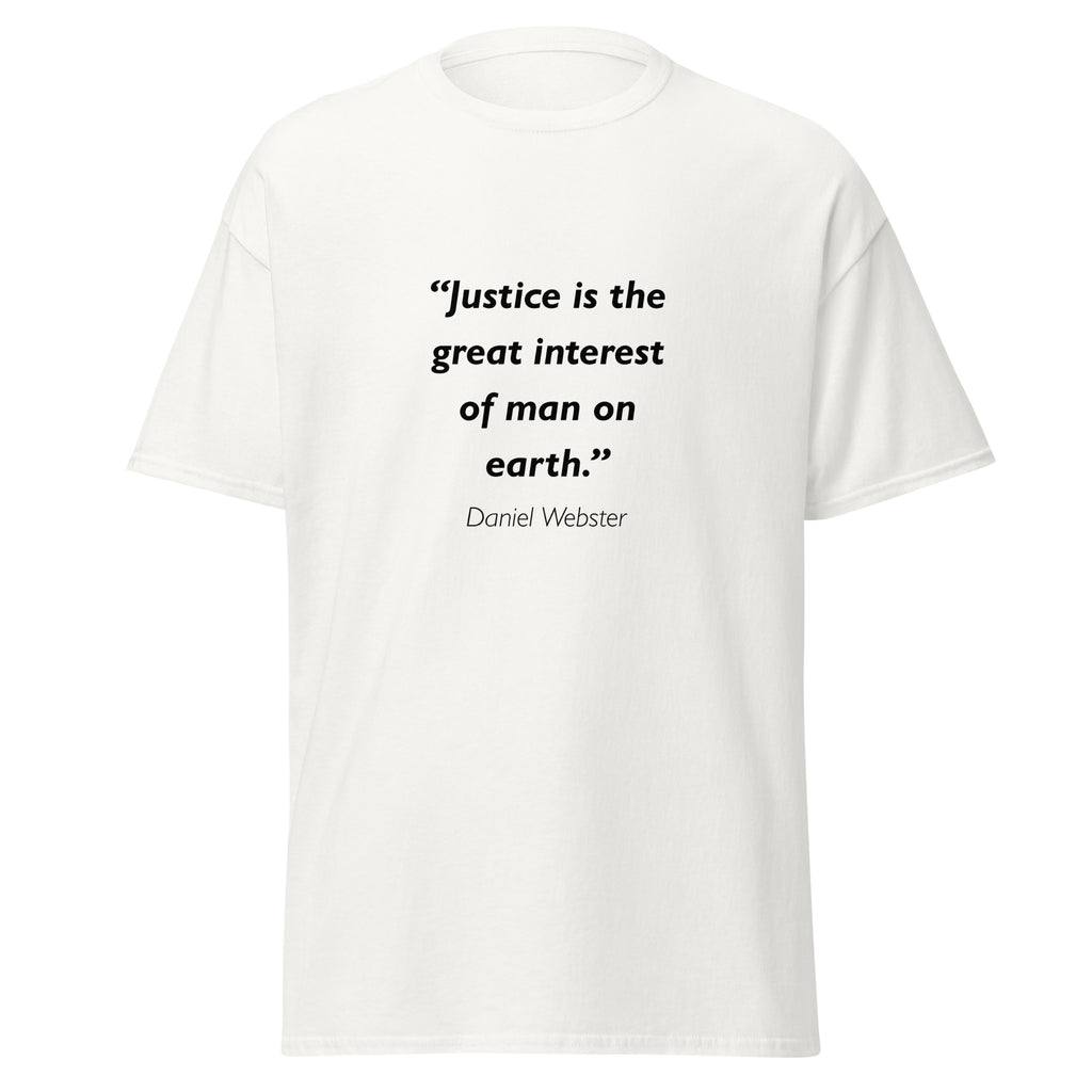 Unisex black t-shirt featuring Daniel Webster Justice quote typography printed across the front chest