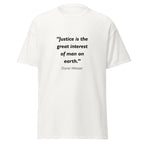 Unisex black t-shirt featuring Daniel Webster Justice quote typography printed across the front chest