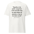 Unisex black t-shirt featuring Jeremy Bentham Equality quote typography printed across the front chest