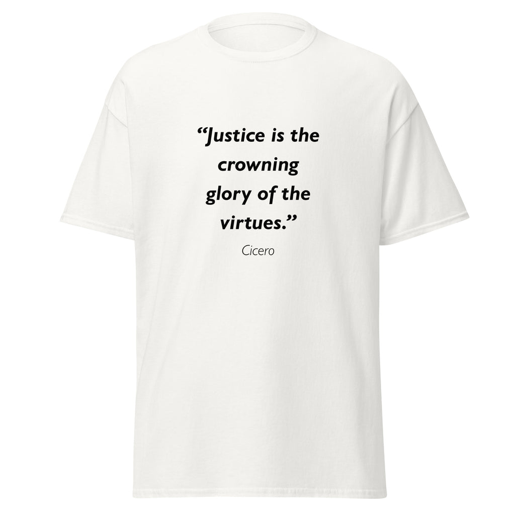 Unisex black t-shirt featuring Cicero Justice quote typography printed across the front chest