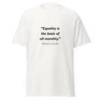 Unisex black t-shirt featuring Mahatma Gandhi Equality Morality quote typography printed across the front chest
