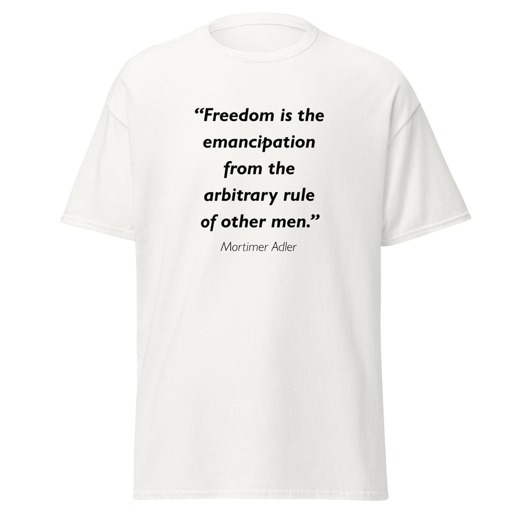 Unisex black t-shirt featuring Mortimer Adler Freedom quote typography printed across the front chest