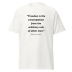 Unisex black t-shirt featuring Mortimer Adler Freedom quote typography printed across the front chest