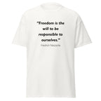 Unisex black t-shirt featuring Friedrich Nietzsche Freedom quote typography printed across the front chest
