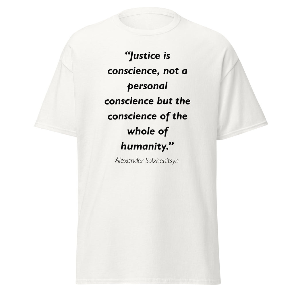 Unisex black t-shirt featuring Alexander Solzhenitsyn Justice quote typography printed across the front chest