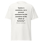 Unisex black t-shirt featuring Alexander Solzhenitsyn Justice quote typography printed across the front chest
