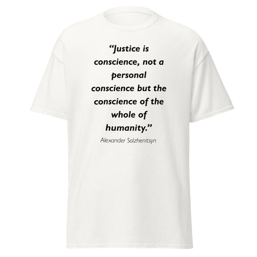 Unisex black t-shirt featuring Alexander Solzhenitsyn Justice quote typography printed across the front chest