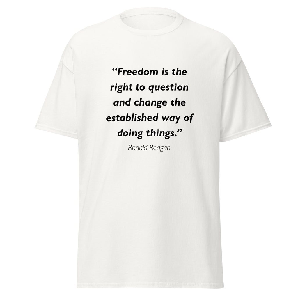 Unisex black t-shirt featuring Ronald Reagan Freedom quote typography printed across the front chest