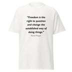 Unisex black t-shirt featuring Ronald Reagan Freedom quote typography printed across the front chest