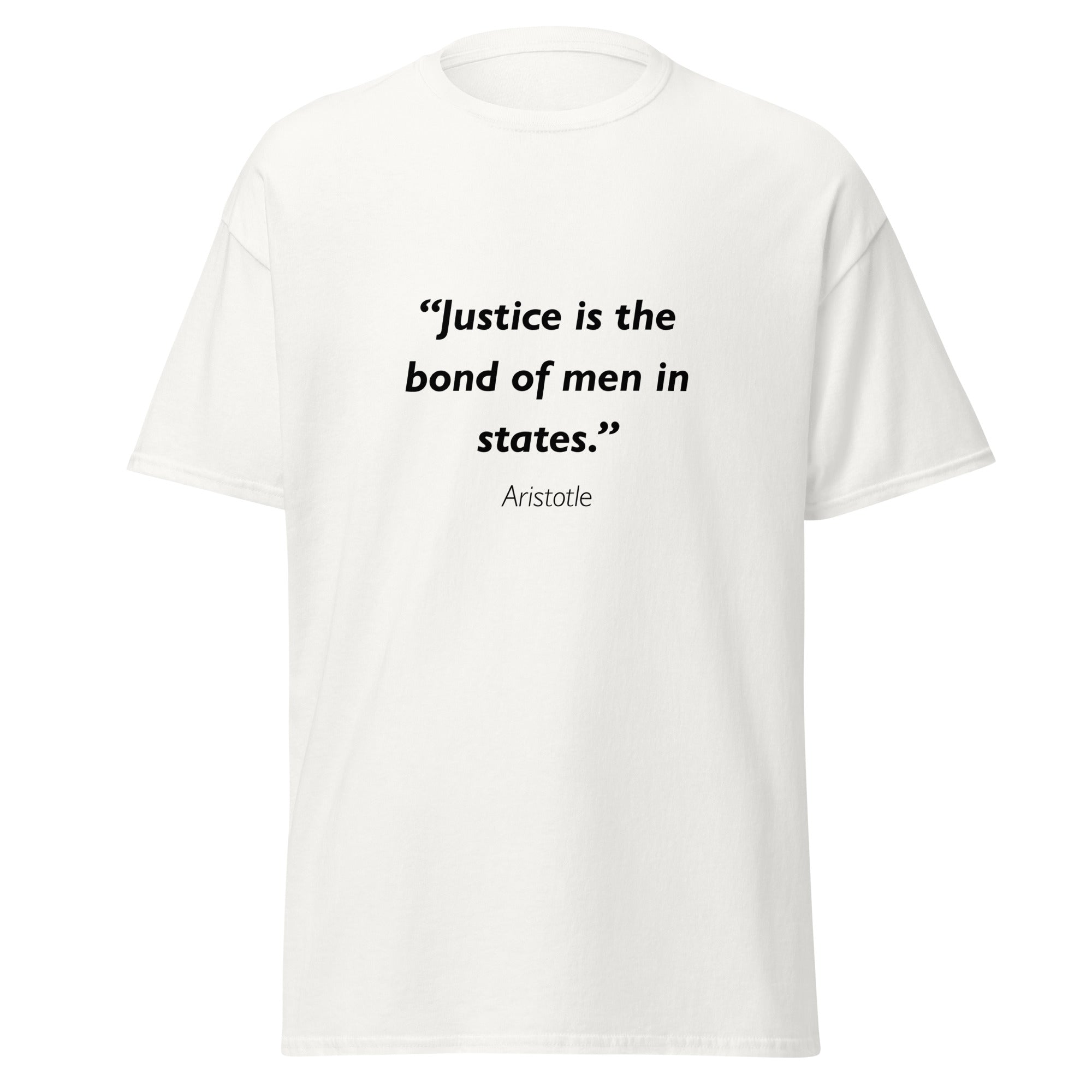 Unisex black t-shirt featuring Aristotle Justice quote typography printed across the front chest