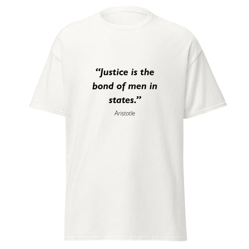 Unisex black t-shirt featuring Aristotle Justice quote typography printed across the front chest