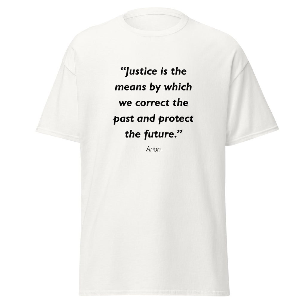 Unisex heather gray t-shirt featuring Justice Past Future quote typography printed across the front chest