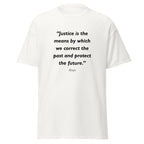 Unisex heather gray t-shirt featuring Justice Past Future quote typography printed across the front chest