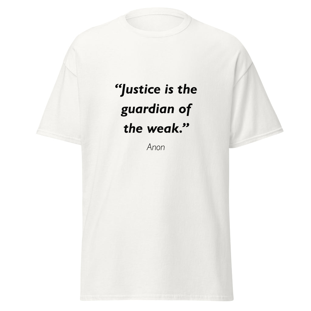 Unisex heather gray t-shirt featuring Justice Guardian Weak quote typography printed across the front chest