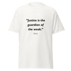 Unisex heather gray t-shirt featuring Justice Guardian Weak quote typography printed across the front chest