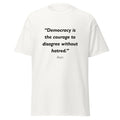 Unisex black t-shirt featuring Democracy Disagree quote typography printed across the front chest