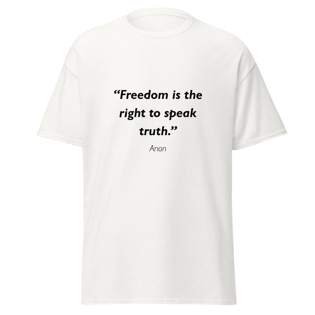 Unisex heather gray t-shirt featuring Freedom Speak Truth quote typography printed across the front chest