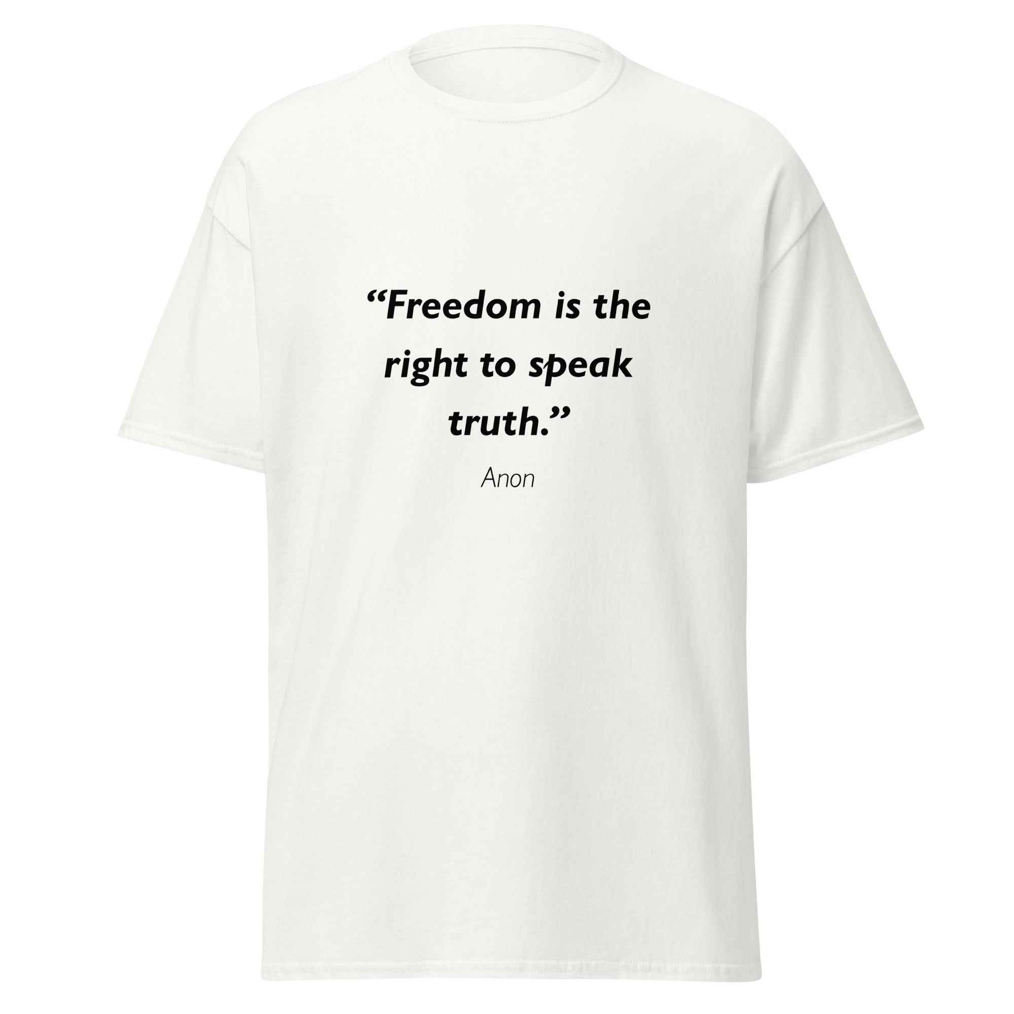 Unisex heather gray t-shirt featuring Freedom Speak Truth quote typography printed across the front chest