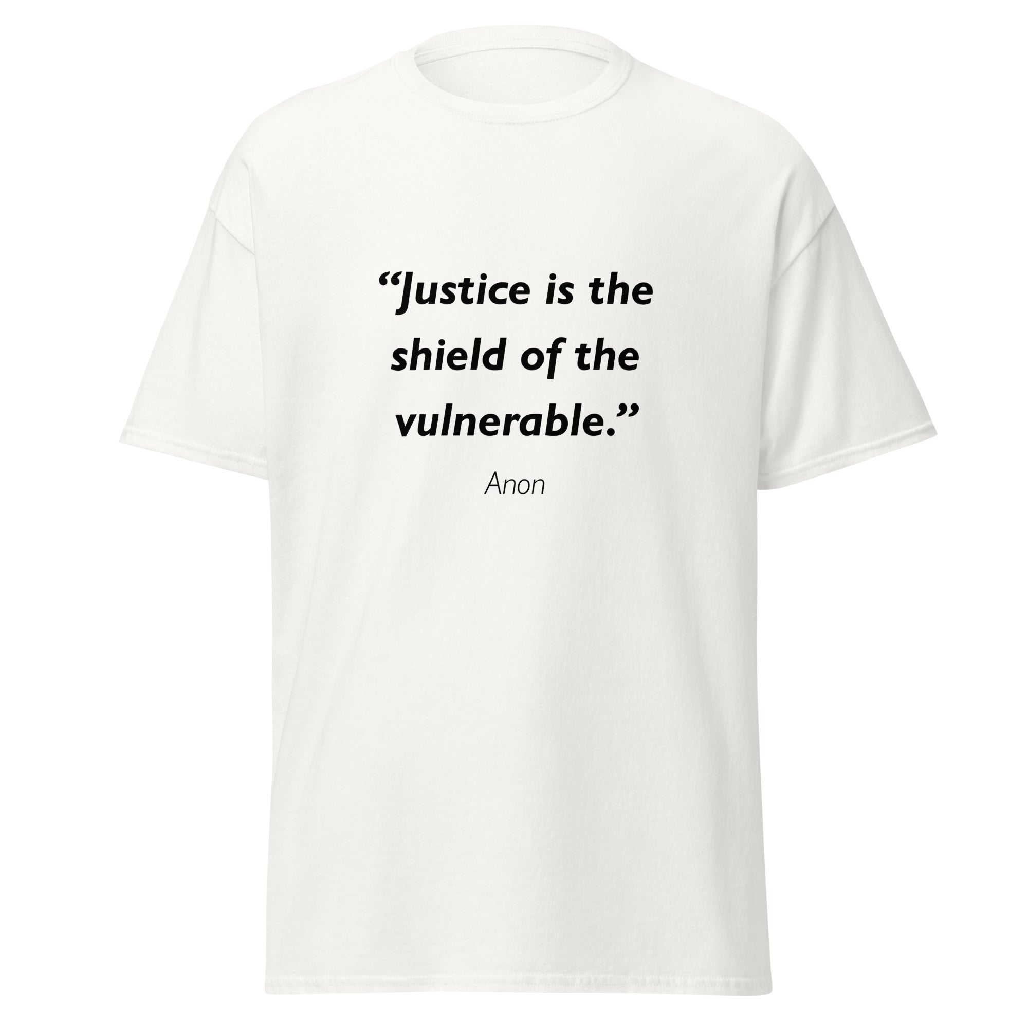 Unisex black t-shirt featuring Justice Shield Vulnerable quote typography printed across the front chest