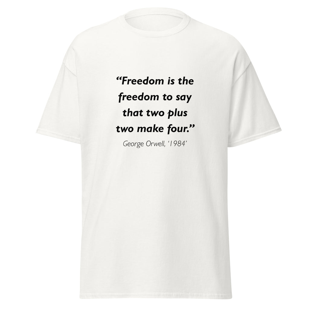 Unisex black t-shirt featuring George Orwell 1984 Two Plus Two quote typography printed across the front chest
